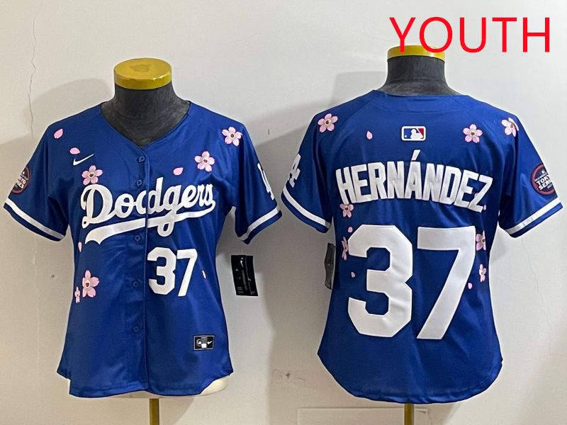 Youth Los Angeles Dodgers #37 Hernandez Blue Sakura Edition 2025 Nike MLB Jersey style 3
